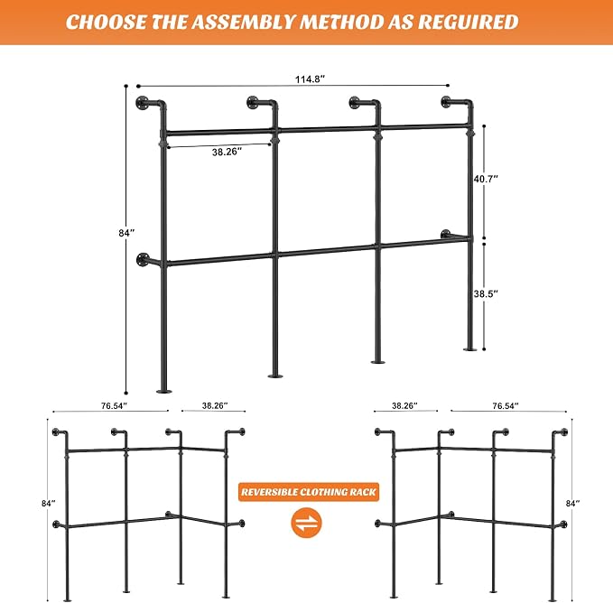 Aheaplus Industrial Pipe Clothing Rack, Reversible 9.85FT Clothes Rack for Hanging Clothes, Heavy Duty Garment Racks, Wall Mounted Closet Wardrobe Racks, Corner L Shaped Walk-in Closet System, Black