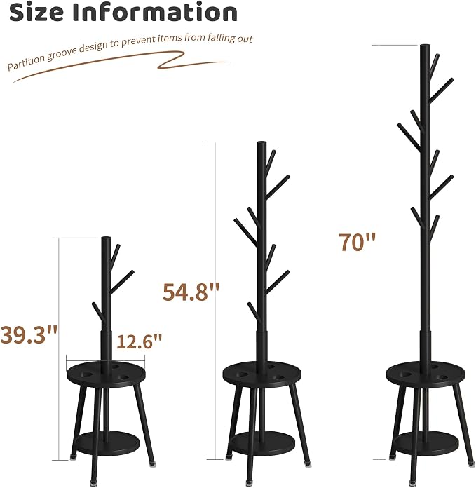 Freestanding Coat Rack with Umbrella Organizer Tray Bamboo Coat Tree Rack with 8 Hook Stand for Clothes Bag Hats Entryway Hanger Stand(Black)