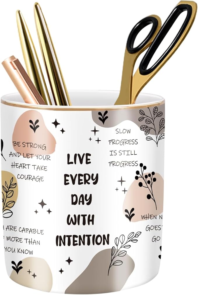 Cute Desk Pencils Pen Holder, Pencil Cup Holder for Desk, Ceramic Desktop Storage Pen Pencil Organizers Stationery Supplies for Office, Home, Words Pattern