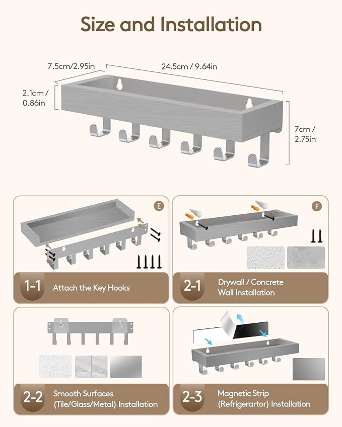 Key Holder Wall Mount Magnetic Adhesive - Key Hooks Rack with shelf | Key Hanger with Mail Organizer for RV Camper Fridge Living Room Decor, Home Essentials, Grey