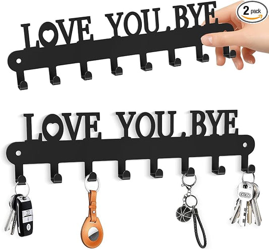 Key Holder for Wall - 'Love You Bye' Key Hooks, Black, 6 Hooks | Key Holder Wall Mount Self Adhesive, Key Rack Wall Mount for Wall No Drill for Living Room, Kitchen, Bathroom, Garage