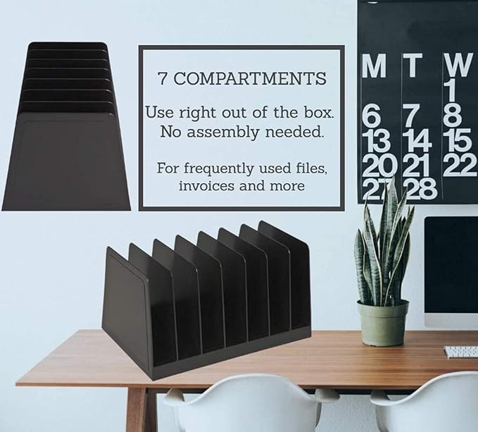 1InTheOffice Desktop File Organizer Vertical, Mail Organizer, 7 Compartments Office File Sorter, 4-3/4" H x 8-3/4" W x 5-1/2" D, Plastic, Black 2 Pack