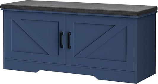 HOMSHO Farmhouse Shoe Storage Bench with 2 Barn Doors & Padded Seat Cushion | 39.4" Wide Entryway Bench with Adjustable Shelves & Hidden Storage, Blue
