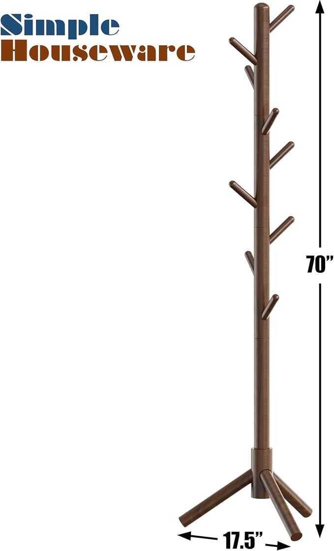 Simple Houseware Wooden Coat Rack Stand, Hall Tree with 9 Hooks, Walnut | Adjustable Tree Rack for Entryway, Hallway, Bedroom, Office