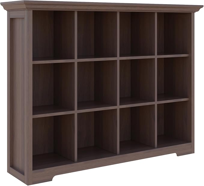 OSCHF 12-Cube Open Bookcase with Base, 3-Tier Wooden Bookshelf, Walnut | Curved Base, Crown Molding, Fits 11×11" Bins, Modern Storage Cabinet for Living Room, Bedroom, Home Office