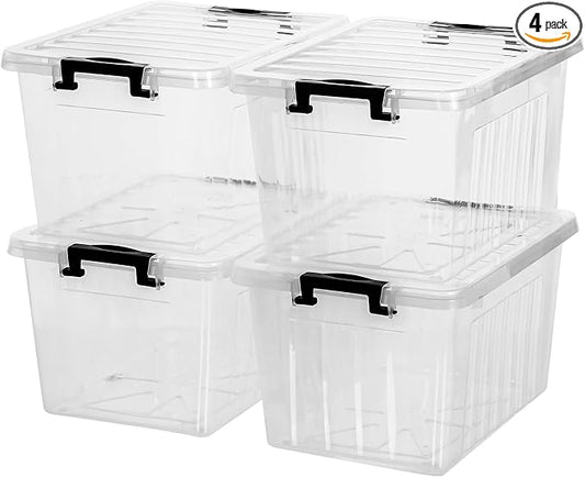 Citylife 22 Qt Plastic Storage Bins with Latching Lids 4 Packs | Stackable See-Through Craft Storage Box Latches Durable Containers Secure Pull Handle Organizing for Home Kitchen Pantry