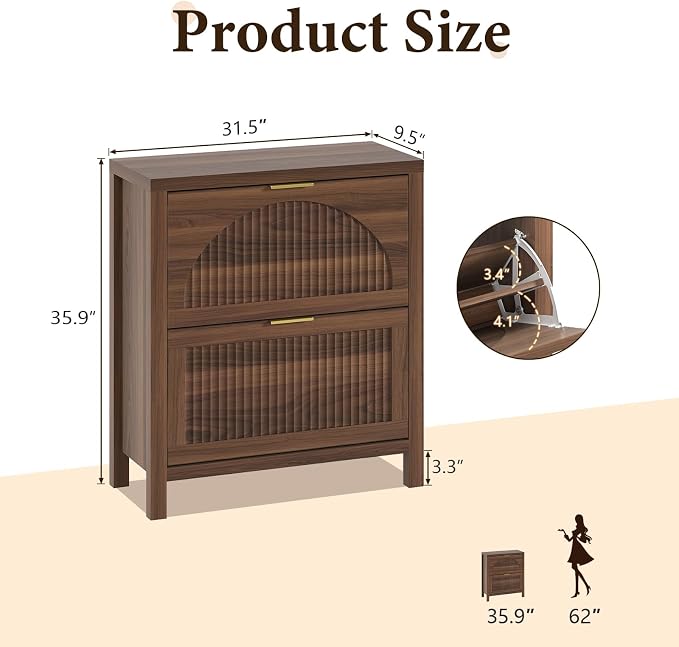 Fluted Shoe Cabinet Storage with 2 Flip Drawers for Entryway, Hallway | Hidden Shoe Rack Slim Freestanding Hidden Shoe Organizer for Foyer, Hallway, Living Room, Walnut