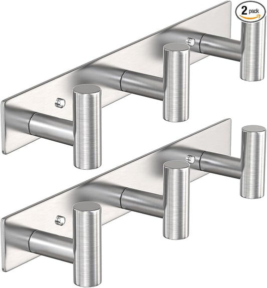 PMMASTO Stainless Steel Coat Rack Wall Mounted, Heavy Duty Metal Hook Rail for Hanging Coats Hats Towels Robes Bags, Modern Wall Hooks Organizer (Silver, 3 "T Hooks, 2 Pack)