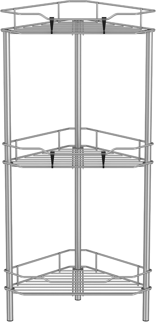 HuggieGems 3 Tier Floor Standing Corner Shower Caddy Organizer Shelf with Hooks, Bathroom Shelves Stand Rack, Gray