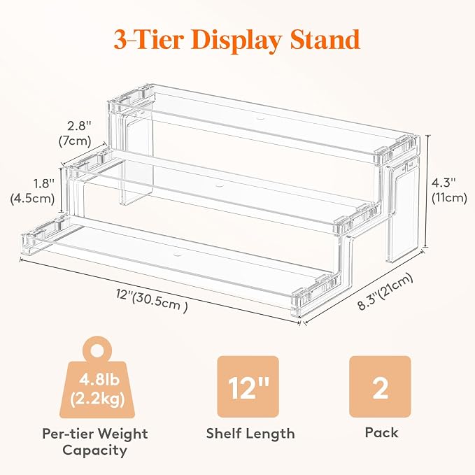Lifewit Spice Rack, Perfume Cologne Organizer, Cupcake Stand, Tool-Free Assembly, Display Riser Shelf, Seasoning Figurine Makeup Holder, Room Decor, Kitchen Cabinet Storage, Clear, 12in-3 Tier, 2 Pcs