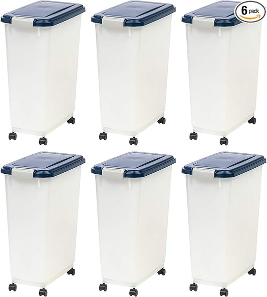 IRIS USA Airtight Dog Food Storage Container, Up to 38 lbs, Attachable Wheels, For Dog Cat Bird and Other Pet Food Storage Bin, Keep Fresh, Easy Mobility, BPA Free, Navy/Pearl, 6 Pack