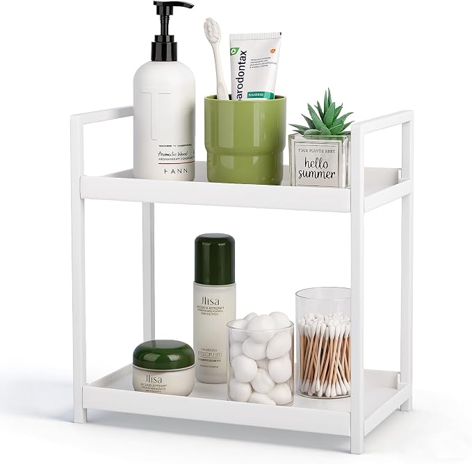 Bathroom Counter Organizer Vanity Storage Countertop Shelf, Small White | 2 Tier Makeup Organizer Perfume Tray Skincare Holder for Sink, Dresser, Kitchen