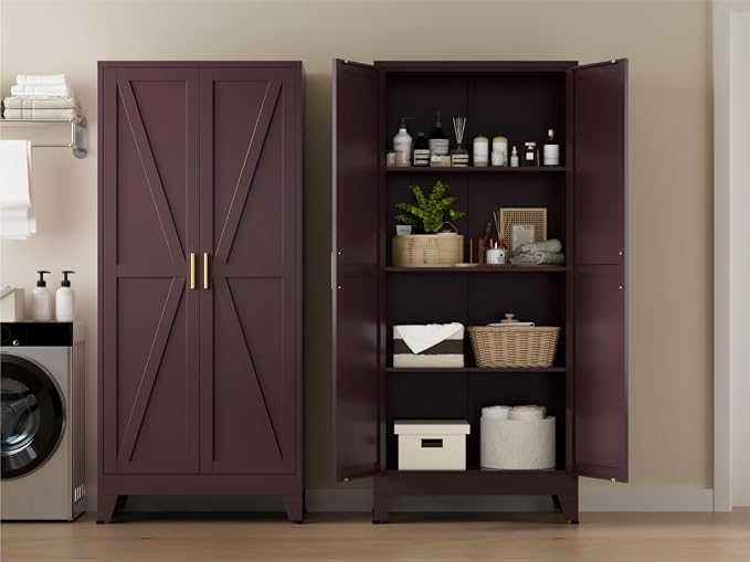 COFaR Metal Pantry Cabinet, Kitchen Storage Cabinets with 2 Barn Door, 3 Adjustable Shelves and Legs, for Cupboard/Dining Room/Bathroom/Living Room/Office/Laundry Room (Red, 61" Farmhouse)