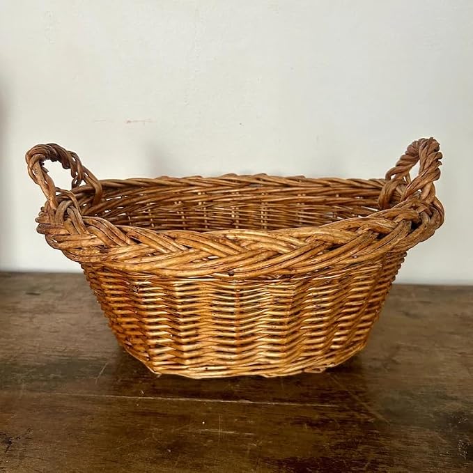 Handwoven Wicker Storage Basket with Handles, Rustic Farmhouse Decorative Basket, Natural Brown Woven Basket for Kitchen Pantry Bathroom Bedroom, Multipurpose Organizer Basket