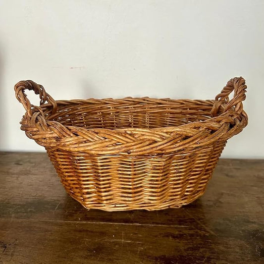 Handwoven Wicker Storage Basket with Handles, Rustic Farmhouse Decorative Basket, Natural Brown Woven Basket for Kitchen Pantry Bathroom Bedroom, Multipurpose Organizer Basket
