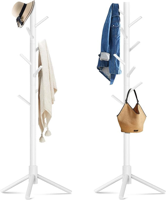 Wooden Coat Rack Freestanding with 8 Hooks,Easy Assembly New Zealand Pine Tree Coat Racks, 3 Adjustable Sizes for Clothes, Hats, Bags, for Entryway, Hallway, Bedroom, Office (White, 2 PCS)