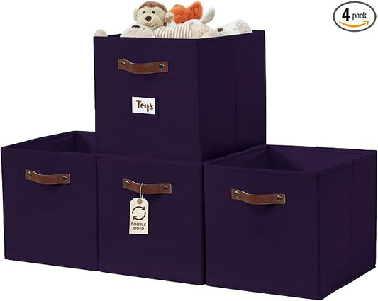 DECOMOMO Storage Bins, Storage Baskets for Shelves | 13" x 15" x 13" Storage Cube Bins with Labels for Organizing Shelves (Kallax, 4pcs, Deep Violet)