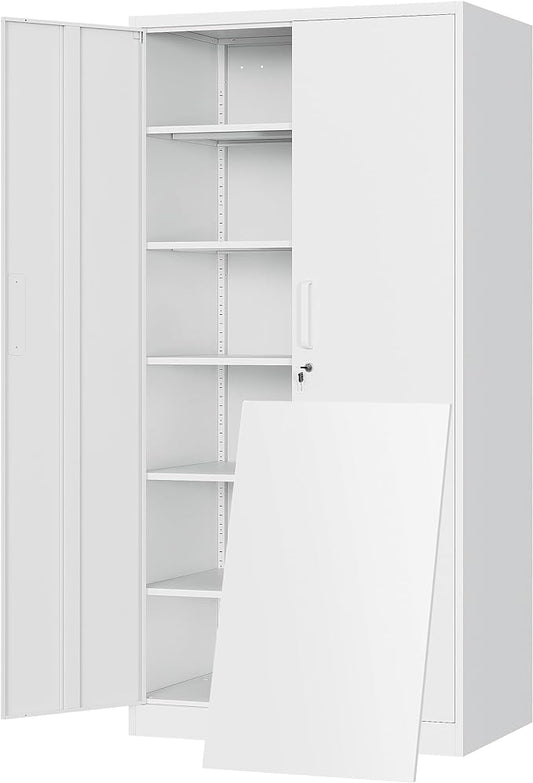 Yizosh Metal Storage Cabinet with Locking Doors and 5 Adjustable Shelves,- 72" Garage Storage White Steel Lockable File Cabinet for Office,Home,Garage