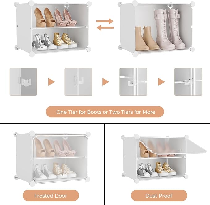 Shoe Rack 8 Tier Shoe Storage Cabinet with Door 32 Pair Tall Shoes Rack Organizer Free Standing Expandable Stable Plastic Easy Assembly Shoes Shelf for Closet Hallway Entryway Bedroom White