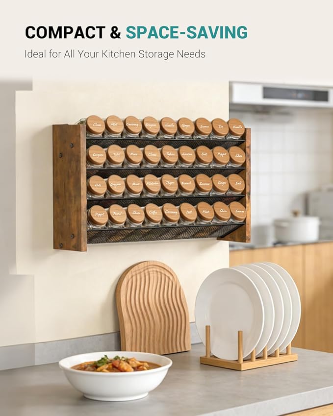 NESAPTO Spice Rack Organizer for Cabinet, Wood 4-Tier Vertical Seasoning Organizer, Wall Mount or Countertop Spice Shelf, Holds 36 Jars (No Jars Included), 17.2" W x 10.3" H