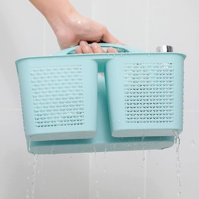 Plastic Portable Shower Caddy Basket with Handle, 3 Compartments, Blue | Storage Organizer with Drain Holes, Sturdy and Durable For Bathroom, Kitchen, College Dorm, Sink, Camping