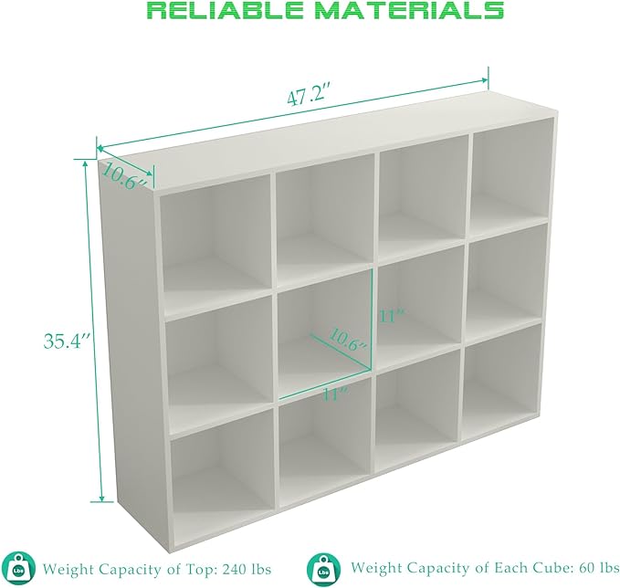 OSCHF 12-Cube Storage Shelf Bookcase, Warm White | Wooden 3-Tier Open Bookshelf, Fits 11×11" Bins, Vertical or Horizontal Use, Full Back Panels, For Home Office