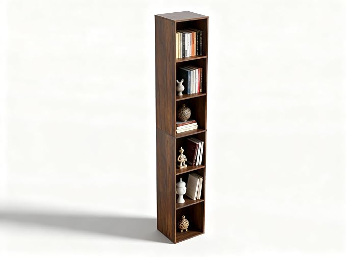 6 Cube Storage Organizer, Narrow Open Shelf Bookcase, Freestanding 6 Tier Low Display Bookshelf for Home Office, Living Room, Bedroom, Dark Brown & Black Walnut