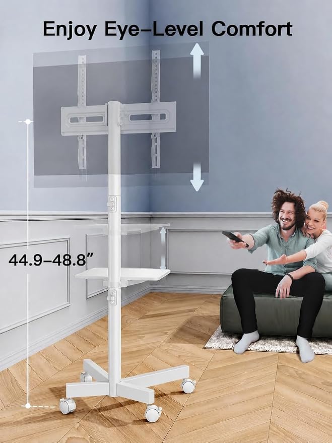 PERLESMITH Rolling White TV Stand for 23–65 Inch TVs up to 99 lbs, Portable TV Stand on Wheels with Height Adjustable Shelf, Outdoor Mobile White TV Cart for Bedroom, Max VESA 400x400mm, PSTVMC04W