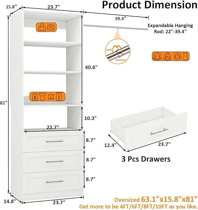 Closet System with 3 Drawers & 4 Shelves, Wood Closet Organizer System with 1 Extra Hanging Rod for Walk in Closet, Modular Closet Organizer System White(2FT)
