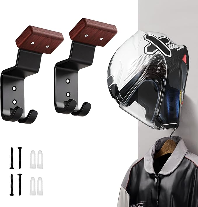 Motorcycle Helmet Holder Wall Mount - Heavy Duty Helmet Hanger Rack with 2 Key Hooks, Solid Wood & Strong Steel Design for Bike, Football, Skiing Sports Gear, Jackets & Hats (2)