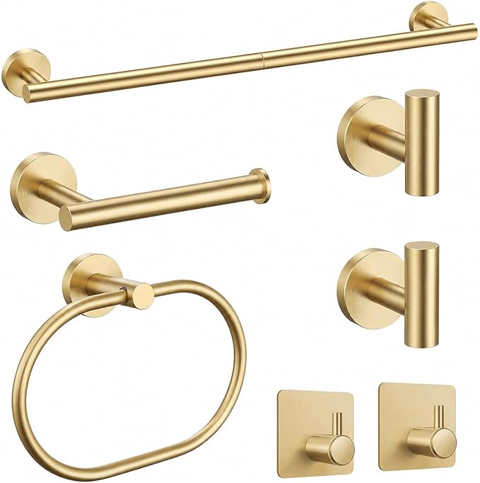 Brushed Gold Bathroom Accessories Set, 7 Pieces Gold Towel Bar Bathroom Hardware Set, 24 Inch Towel Racks for Bathroom, SUS304 Stainless Steel Bathroom Towel Holder Toilet Paper Holder Wall Mounted