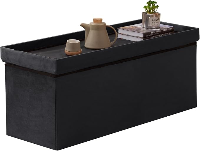 BRIAN & DANY 43 Inches Folding Storage Ottoman Bench, Velvet Ottoman with Storage for Living Room, Bedroom, Entryway, Ottoman Foot Rest, End of Bed Bench (Black)