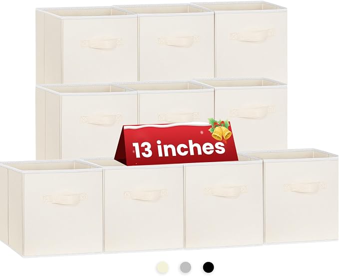 Criusia Large Storage Cubes, 13 Inch Cube Storage Bins for Shelves Closet Nursery Bedroom - 10 Pack Collapsible Storage Baskets with Handles - Fabric Bins for Organizing Magazines Clothes Toys (Beige)