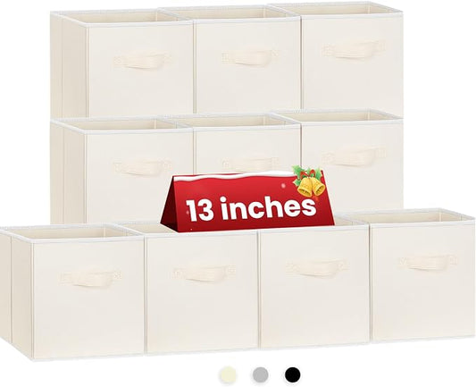Criusia Large Storage Cubes, 13 Inch Cube Storage Bins for Shelves Closet Nursery Bedroom - 10 Pack Collapsible Storage Baskets with Handles - Fabric Bins for Organizing Magazines Clothes Toys (Beige)