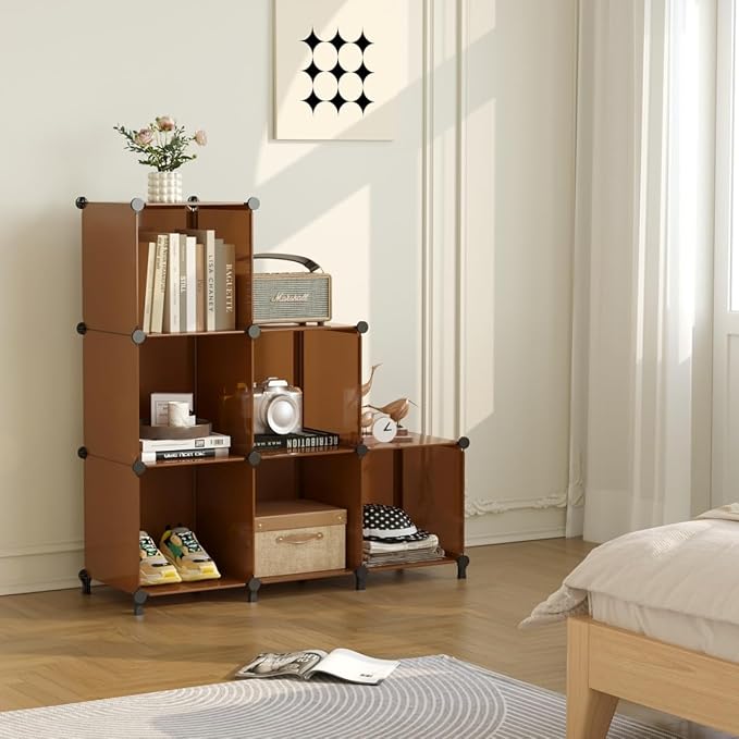 AWTATOS Closet Organizer, 6 Cube Storage Organizer, Closet Storage Shelves | DIY Stackable Closet Storage Cubes Shelf Bookshelf, Plastic Clothes Organizer Shelving for Bedroom, Home, Cocoa Brown