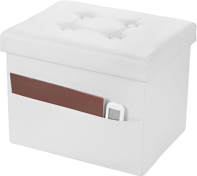 Bsketa Storage Ottoman Bench,17 Inch Folding Leather Foot Rest Stool, White | Small Ottoman with Side Pockets, Thicker Foam Padded Seat, Livingroom, Dorm, Bedroom, Easy to install, 43L,17x13x13in