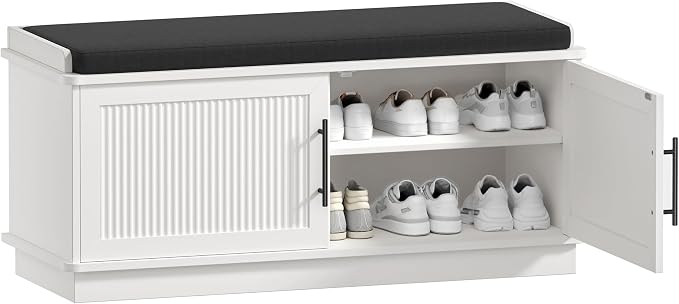 Akxomel 39.4" Fluted Shoe Storage Bench 2 Doors Wooden Entryway Bench White | 2 Tier Shoe Bench with Padded Cushion, Adjustable Shelves and 2 Doors, Curved Profile, for Hallway, Living Room, Bedroom
