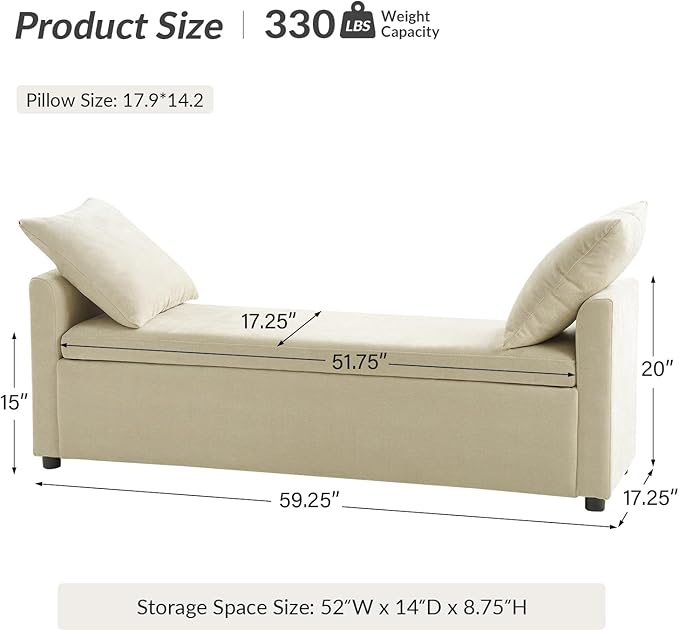HULALA HOME 59" Storage Bench with 2 Throw Pillows & Armrests, Beige | Modern Long Bedroom Bench for End of Bed, Comfy Upholstered Fabric Footstool for Entryway Living Room