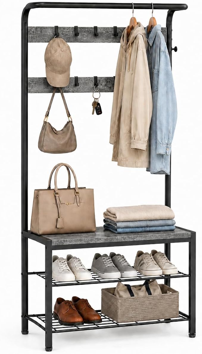 Simple Deluxe 4-in-1 Hall Tree with Bench and Shoe Storage, Entryway Coat Rack with 10 Hooks, Freestanding Mudroom Organizer with 2-Tier Shoe Rack for Entryway Bedroom Foyer, Grey