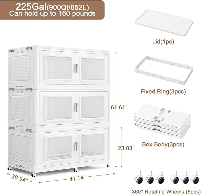 BROVIEW 900 Qt/225 Gal Stackable Storage Bins with Lids, 3 Pack, White | Large Stackable Storage Boxes w/ 1 Lid Folding Plastic Cart Organizer for Home Kitchen, Open Front Clear Door with Wheels