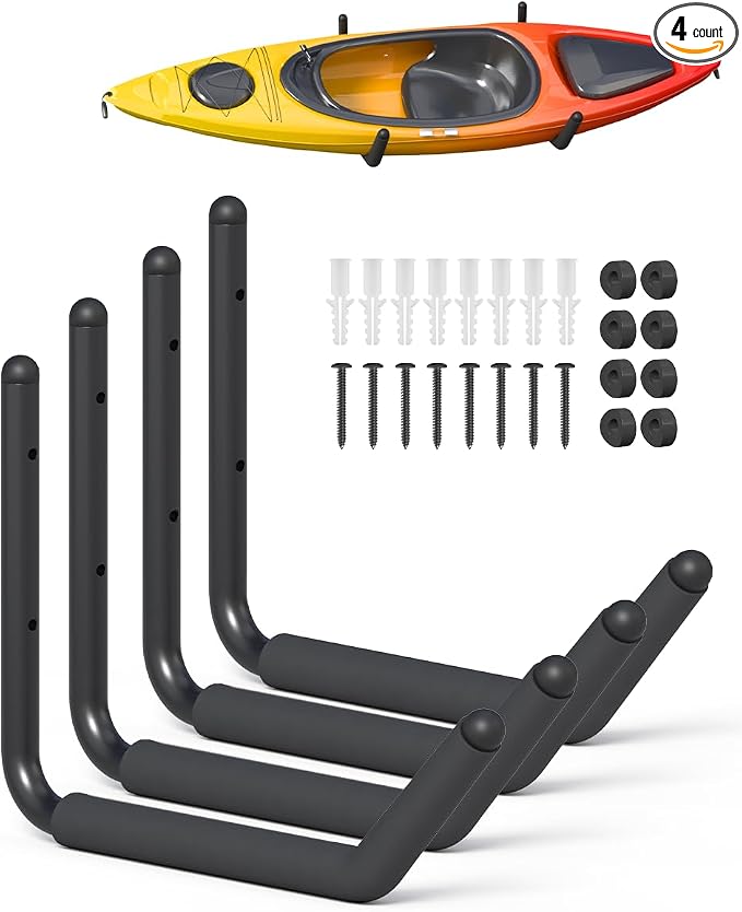 Heavy Duty Kayak Storage Rack with EVA Foam & Rubber Bushing, Wall Mount Kayak Hangers Large Hooks for Garage Hanger Canoe, Surfboard, Skiboard, Snowboard, Paddle Board, Ladders, Bike