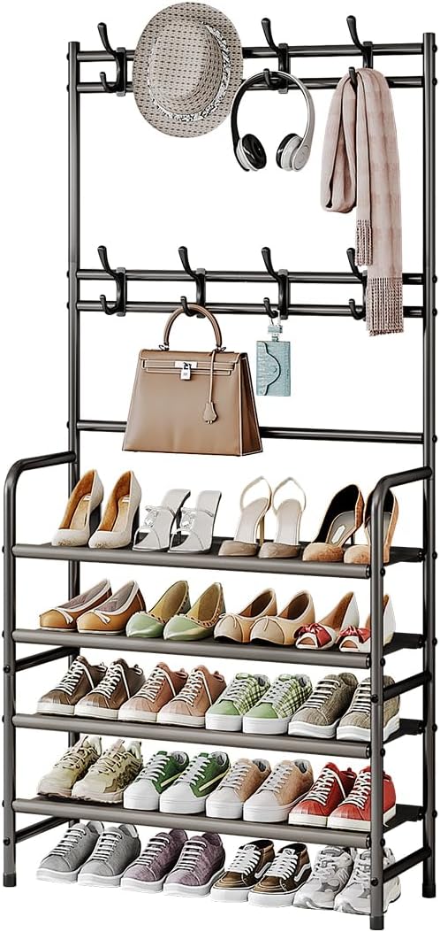 Coat Rack Shoe Rack With Storage Hooks Standing Organizer 4 Tier | Metal Freestanding Hall Tree for Clothes Hats bag Scarves Space Saving Design for Entryway Bedroom living Closet Office,Brown