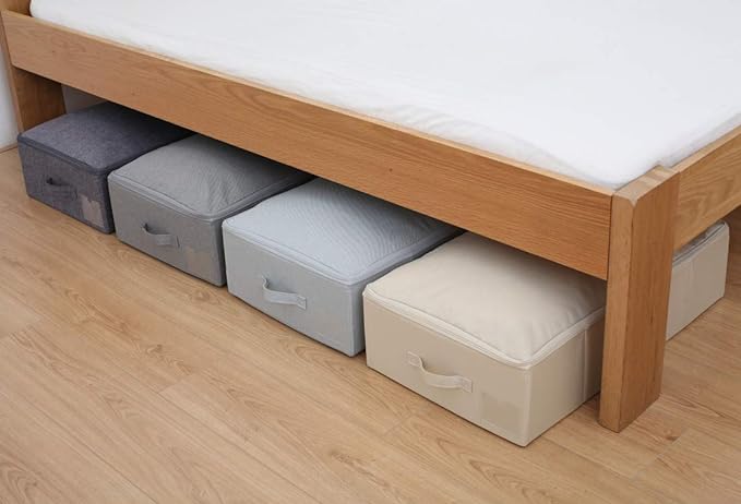 Folding Underbed Shoes Clothes Storage Organizer Basket with Zip Lid,Beige | Underbed Clothes Organizer Basket, Garment Storage Boxes, folding washable rigid sturdy storage bins for clothing shoes duvet