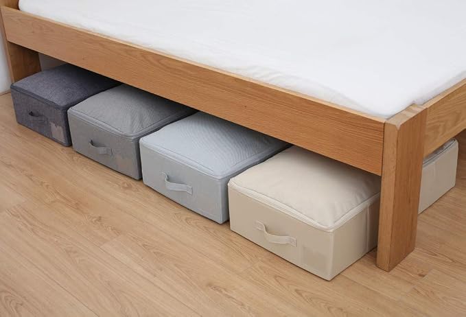 Folding Fabric Rigid Under Bed Closet Storage Bins with Zip Lid,Black Gray | Under bed Storage Boxes for Bedding/ Clothes/ Duvets/ Blankets/ Shoes, Hard Plastic Boards inside, 4 Handles, Washable