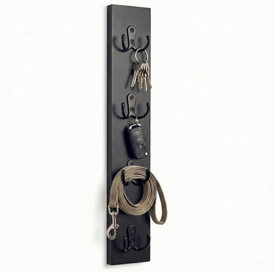 Vertical Key Holder for Wall & Dog Leash Holder – Solid Wood Wall Mount Key Rack with 8 Hooks – Small Space Saving Entryway Organizer for Keys, Lanyards, Masks (Adhesive or Screws) (Black)
