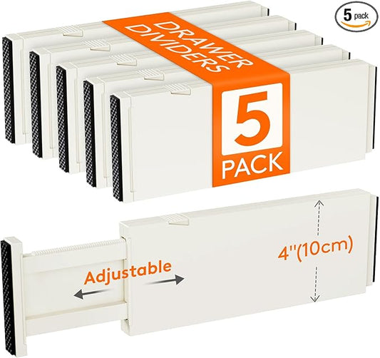 Lifewit 4" High Upgrade Drawer Divider, Adjustable Drawer Organizer Clothes | 5 Pack 11"-17" Expandable Beige Plastic Drawer Separator for Dresser, Kitchen, Closet, Nursery, Office Organization & Storage