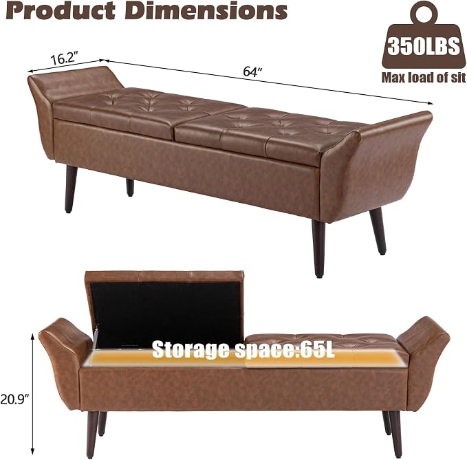 Storage Ottoman Bench 64’’ Leather End of Bed Bench Easy-to-Assemble