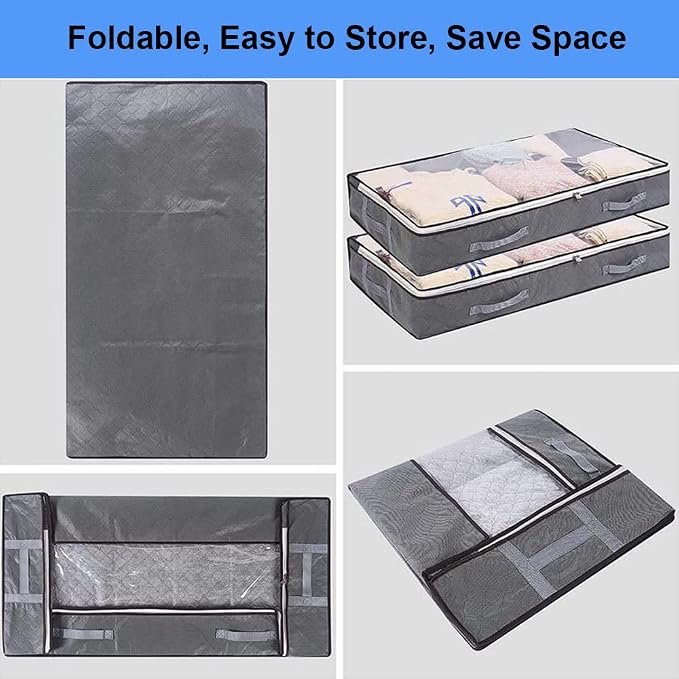 Under Bed Storage Containers, 4-Pack Large Underbed Storage Bags Organizer, Thick Fabric Storage Bins with Clear Window and Handles for Blanket, Comforter, Bedding, Clothes, Black