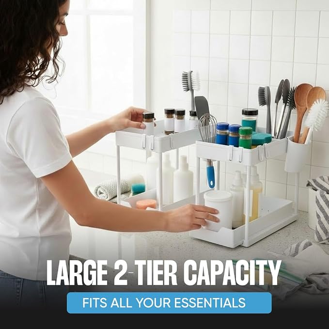 Undersink Organizer, 2-Tier Under Sink Storage Rack with Sliding Drawers for Kitchen Bathroom Cabinets, Pull Out Organizer for Pantry, Laundry Room & Closet Organization - 1 Pack, White