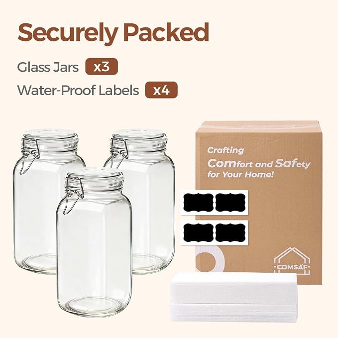 ComSaf Large Square Glass Jars with Airtight Lids 78 oz 3 Pack Wide Mouth | Flour sugar rice, Coffee storage, Pantry organization, Large capacity, Cabinet organization, Dry goods, Sourdough pickling